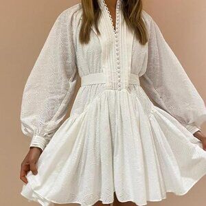 AOFUR Cotton V Neck Long Loose Sleeve Embroidered Short Dress Sz: XS White